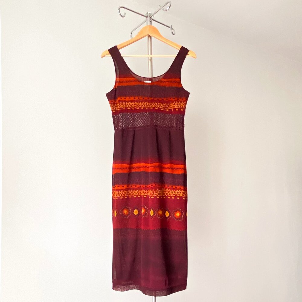 ☀️ 90s Vintage Midi Dress – Burgundy & Orange Boho Knit / Size M